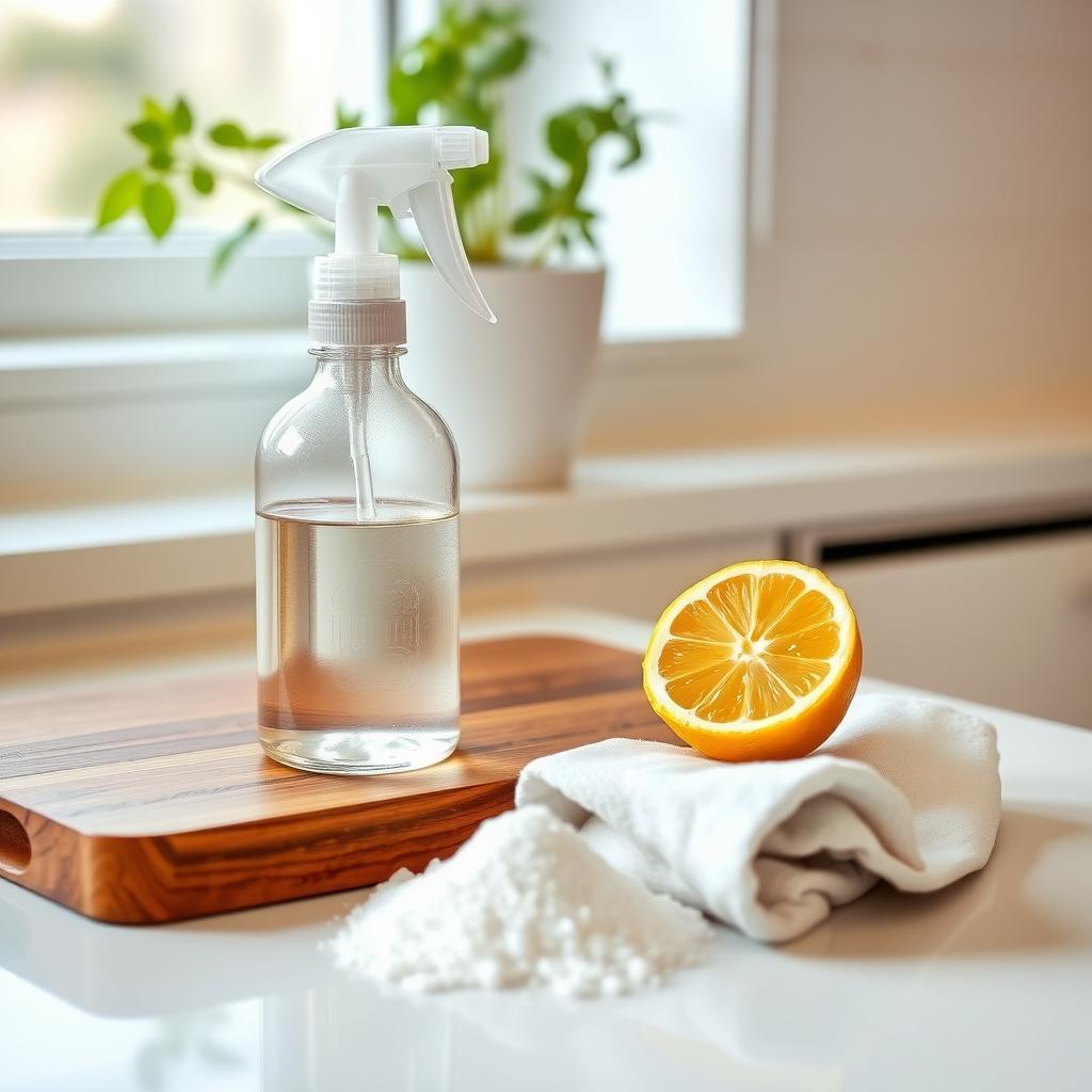 Glass spray bottle with natural cleaning solution, lemon, baking soda, and cloth on a kitchen counter.
