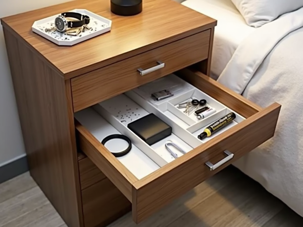 Organized nightstand with drawers and essentials