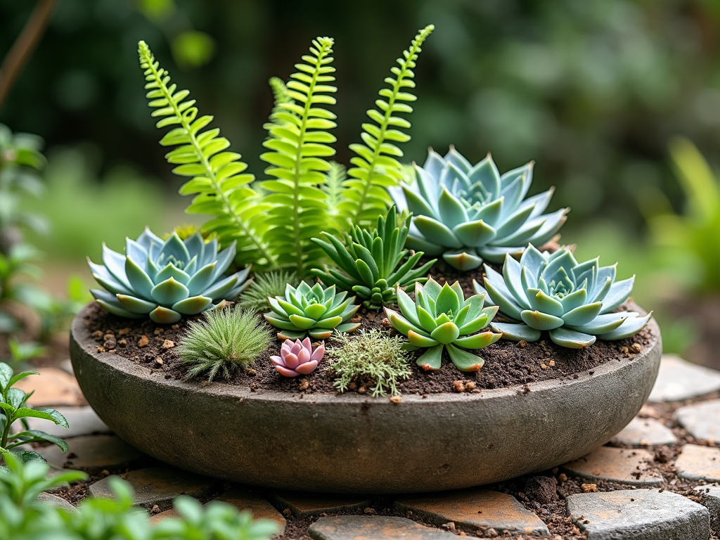 A compact garden bed with succulents and ferns