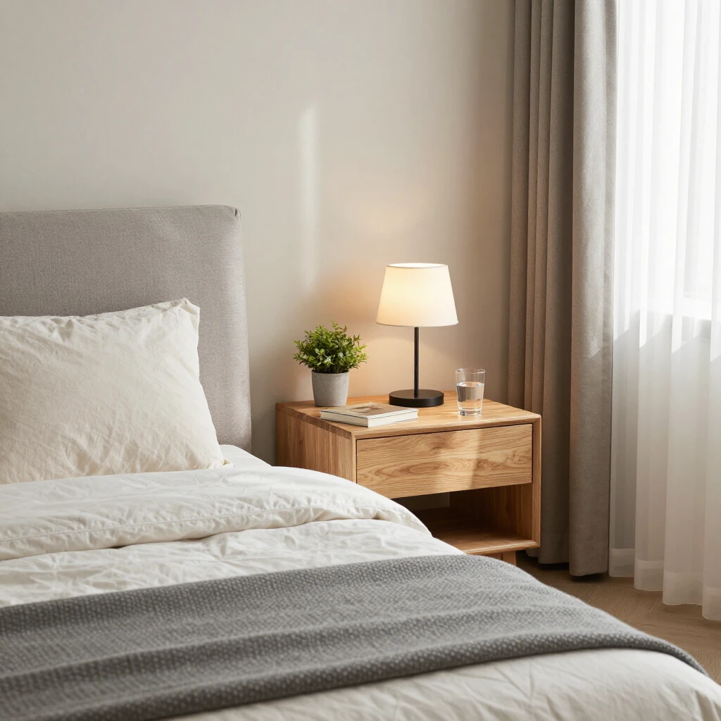 Calm and organized bedroom with tidy nightstand