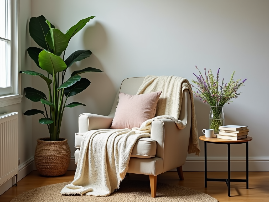 Budget-friendly living room corner with thrifted furniture and affordable accessories