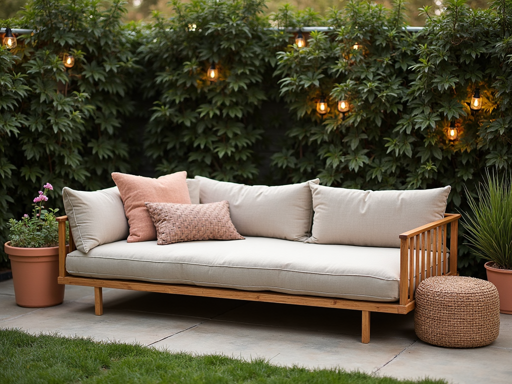 A multifunctional patio sofa used as a daybed, surrounded by plants and soft lighting.