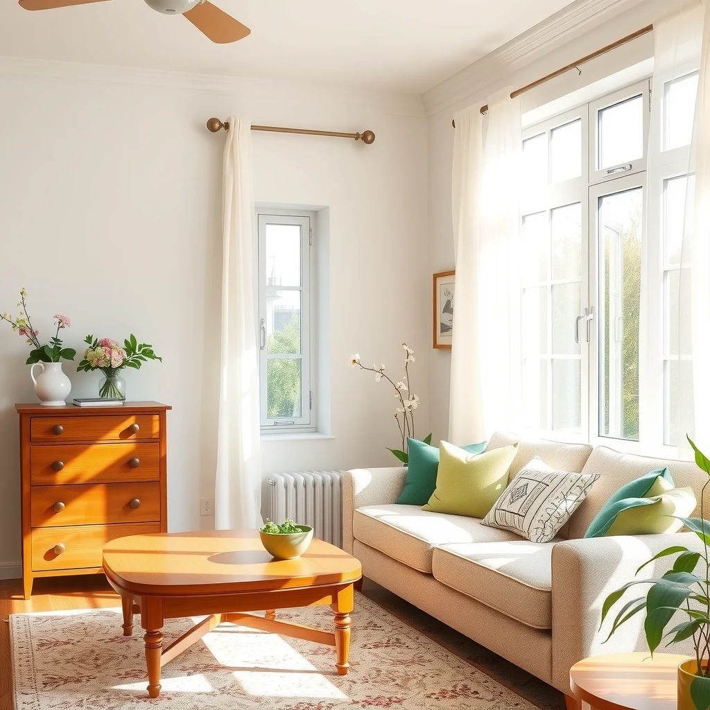 Bright spring living room with clean, well-maintained wooden dresser and furniture