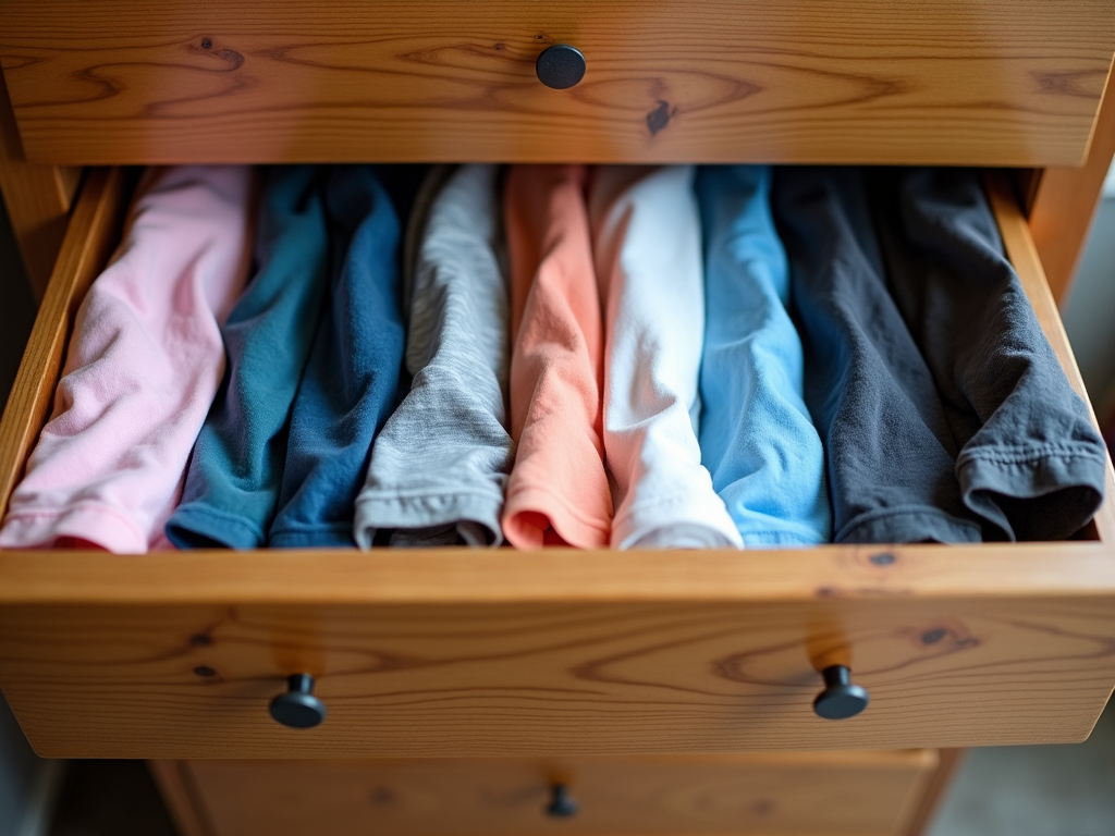 Organized dresser drawer with vertically folded t-shirts.