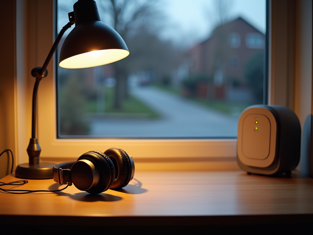 A home office setup with lighting and noise management tools.