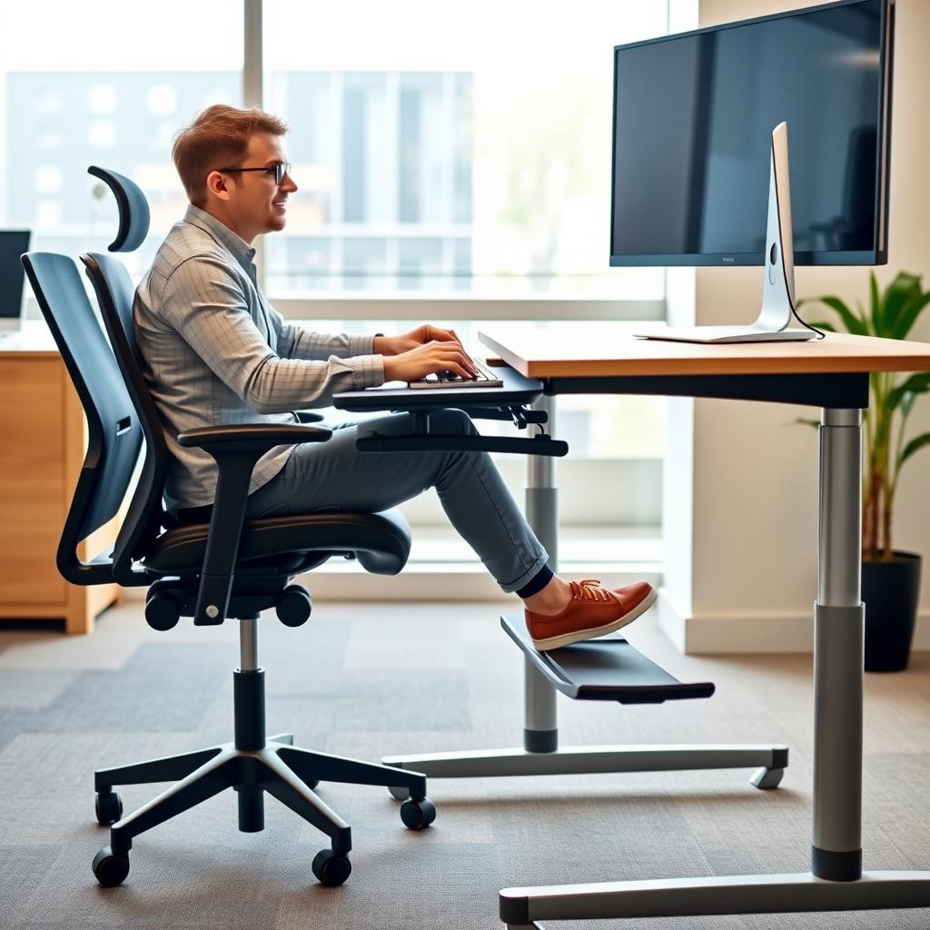 Ergonomic workstation setup with adjustable furniture
