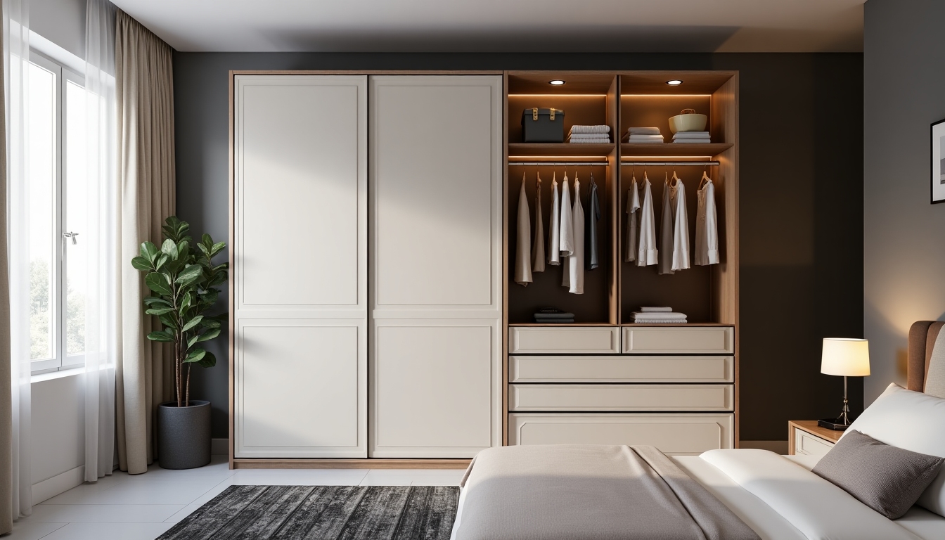 A multifunctional armoire in a bedroom, serving as a wardrobe and storage unit.