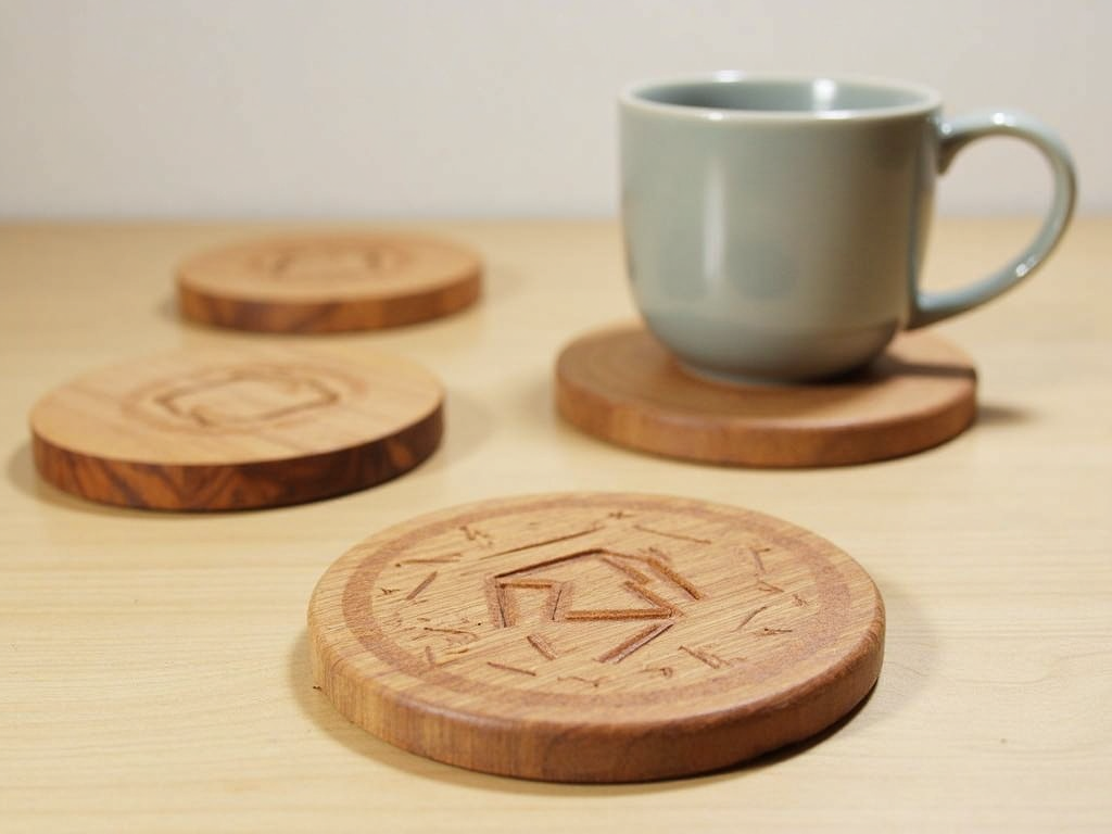 Wooden coasters with geometric design and coffee mug