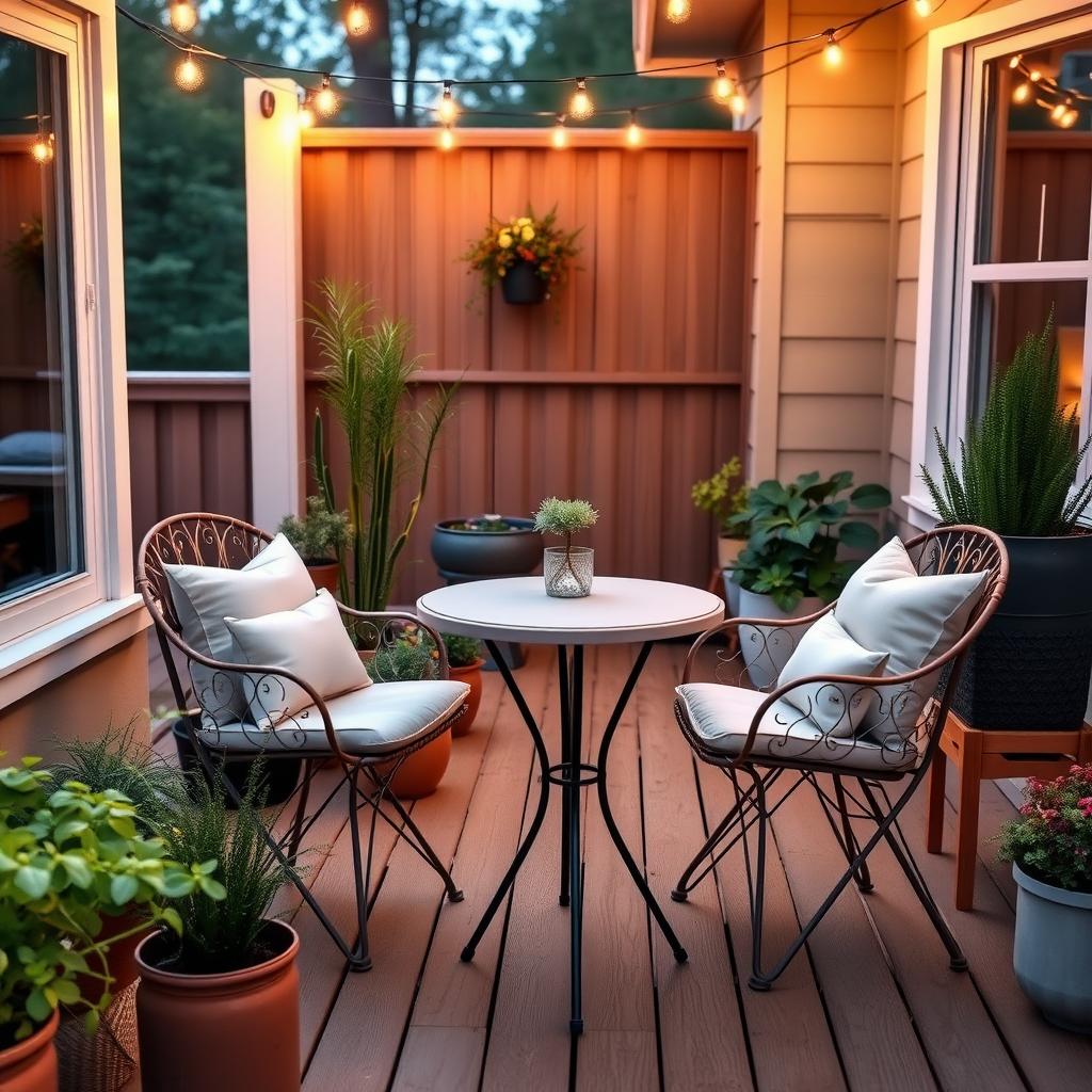 Cozy small patio with a bistro table, two cushioned chairs, potted plants, and string lights on a wooden deck at dusk.