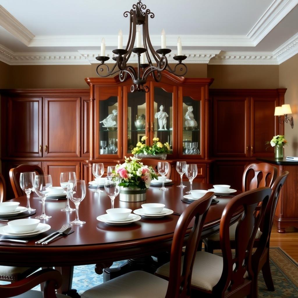 Mahogany dining set with satin polyurethane finish in an elegant dining room