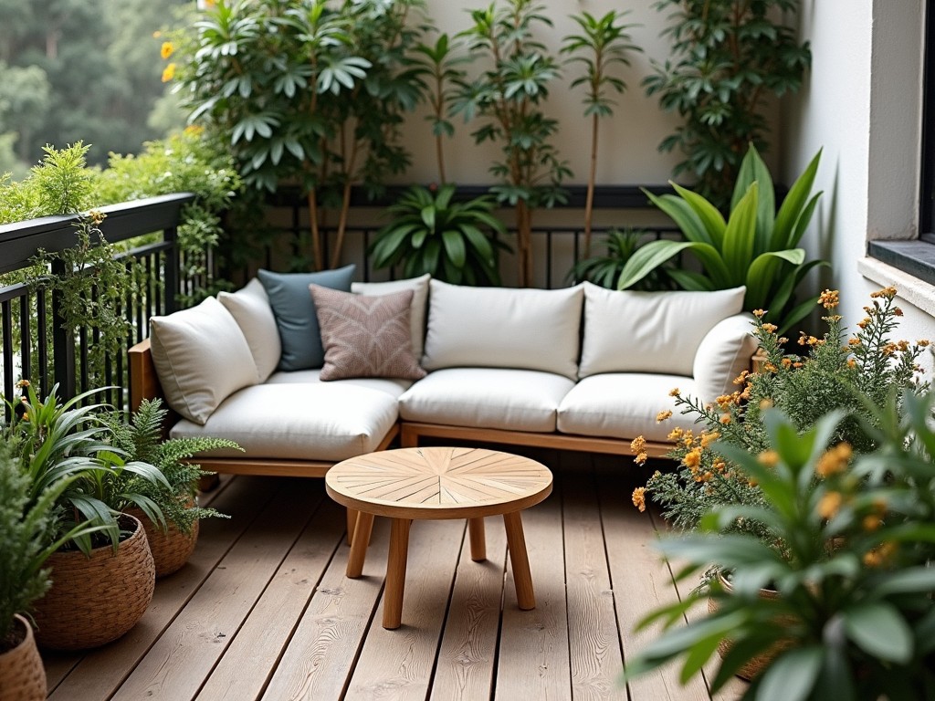 A cozy home balcony setup with multifunctional furniture