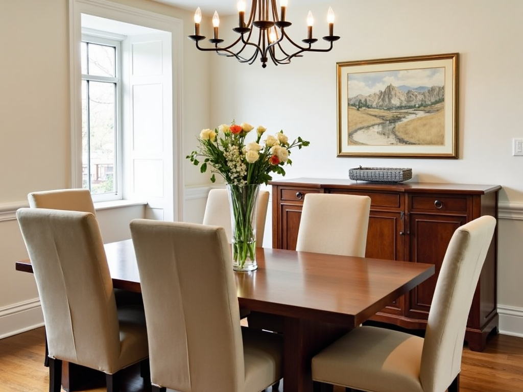 A dining room with a table and chairs.