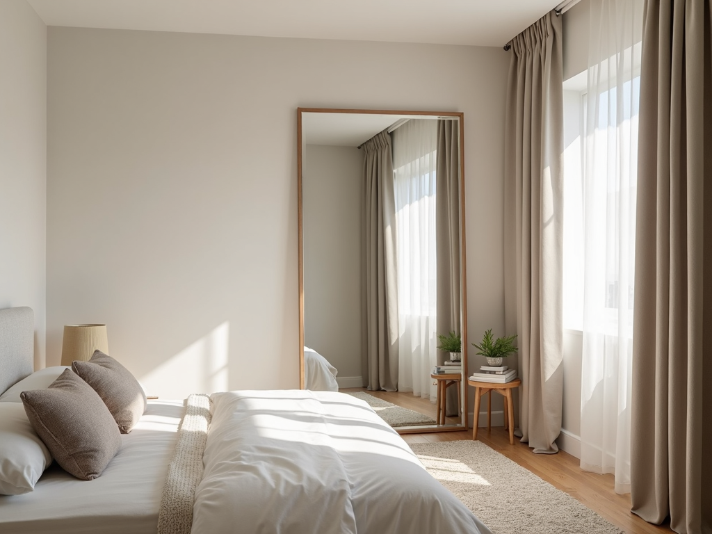 Mirror creating an illusion of space in a small bedroom.