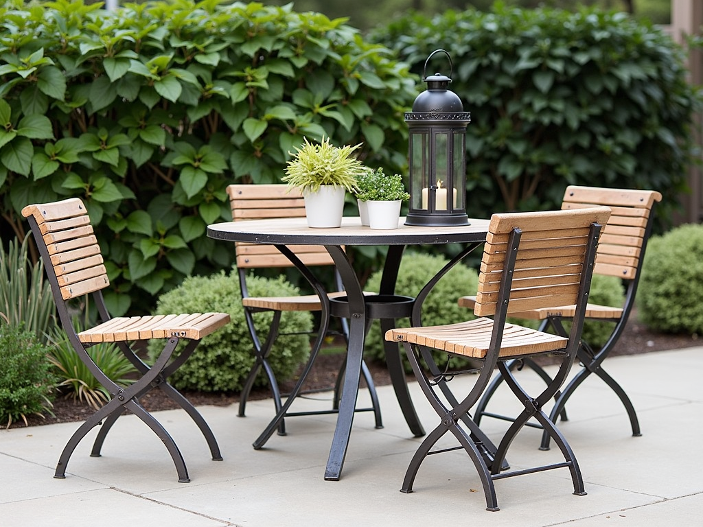 Patio mixing modern, rustic, and vintage furniture