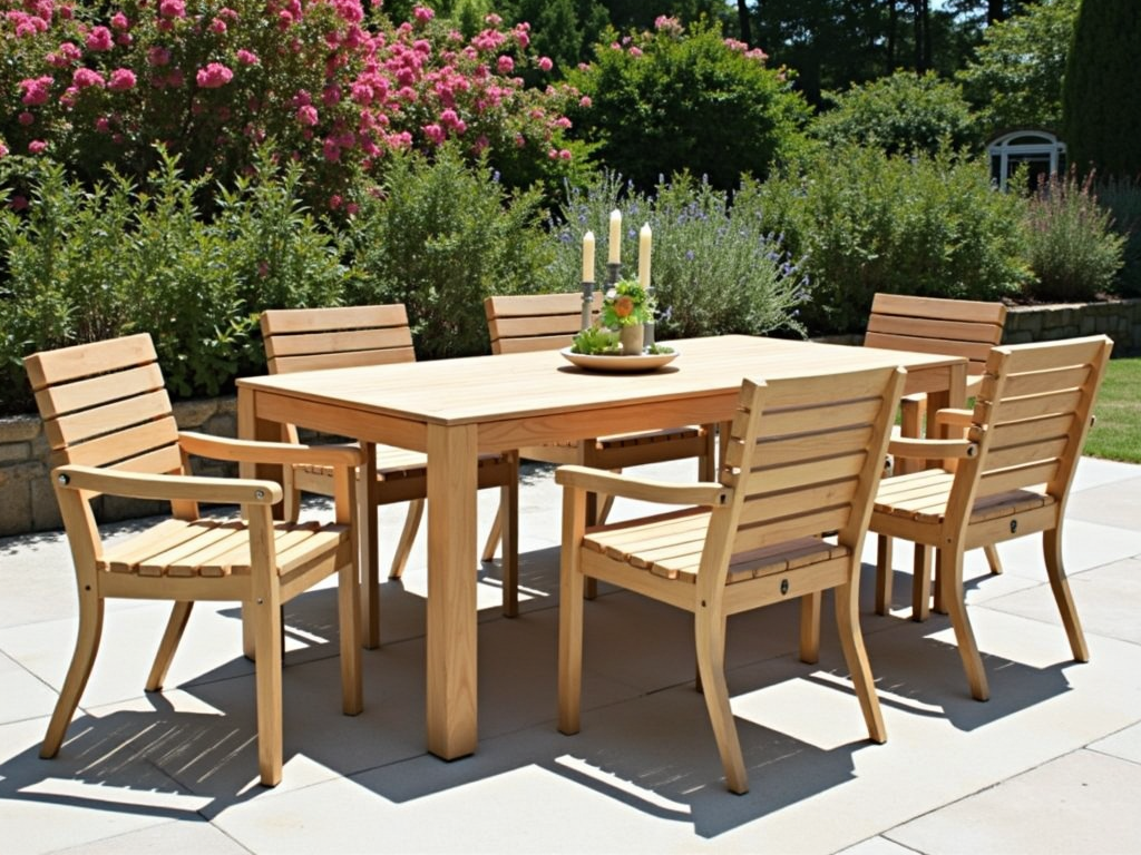Elegant wooden dining set on a patio.