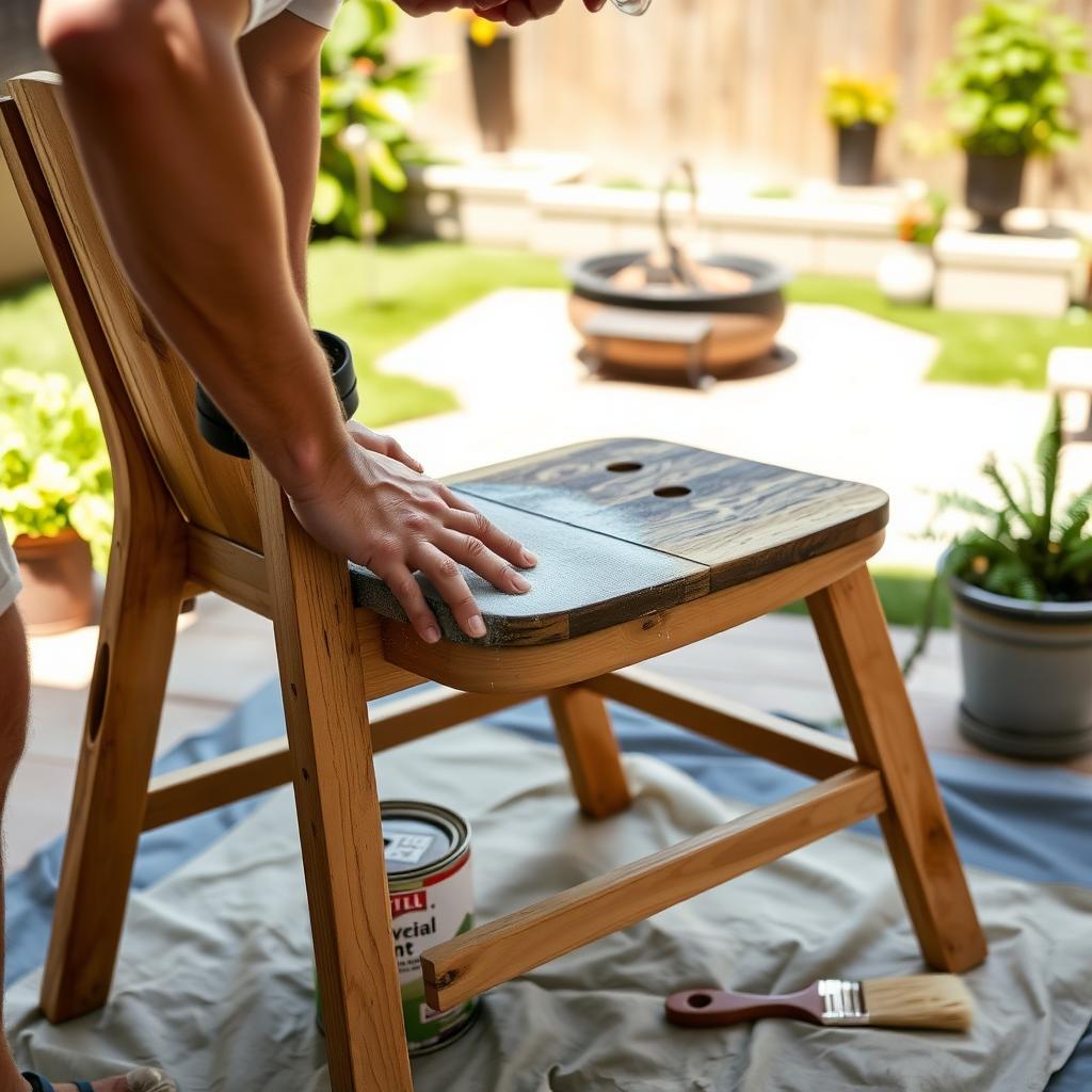 Person sanding a weathered wooden outdoor chair in a sunny backyard with a fire pit in the background.