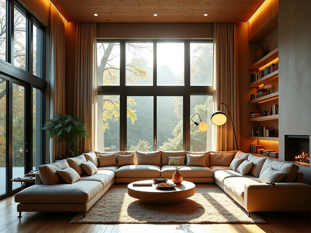 Living room with natural light and LED lamps