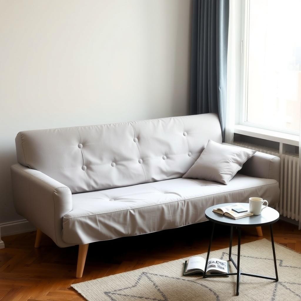 A futon with a gray slipcover in a cozy apartment corner.
