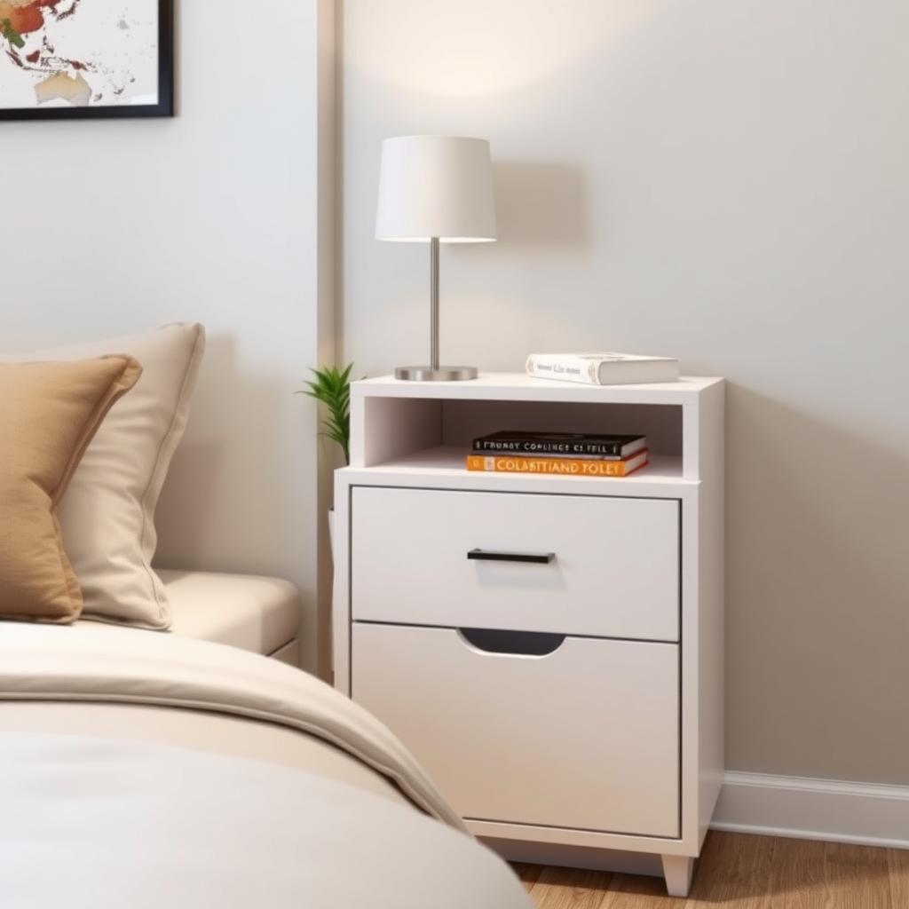 Modern nightstand with drawers in a small, cozy guest room next to a neatly made bed.