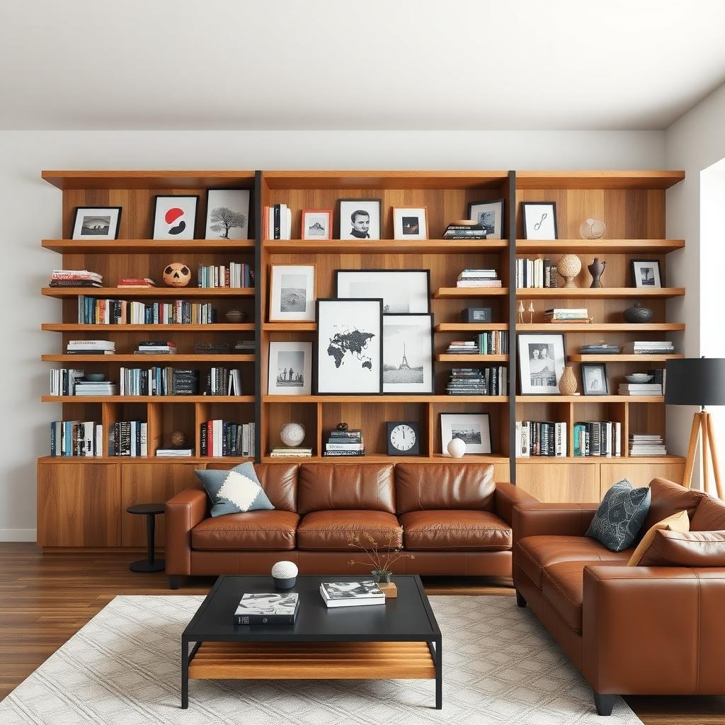 Wall-to-wall reclaimed wood bookshelf in a modern living room with books, art, and decor.