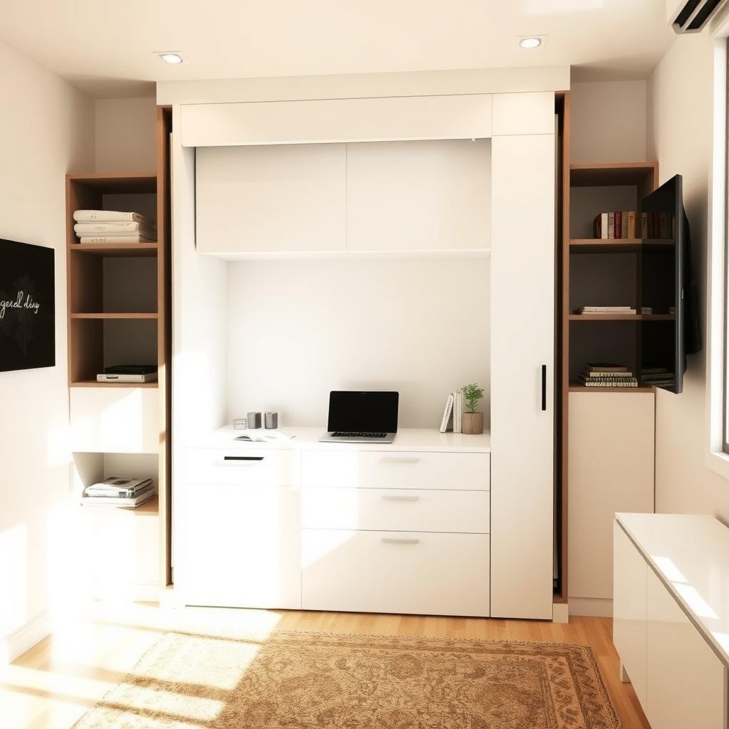 Modern Murphy bed folded up with a built-in desk in a small, bright apartment.