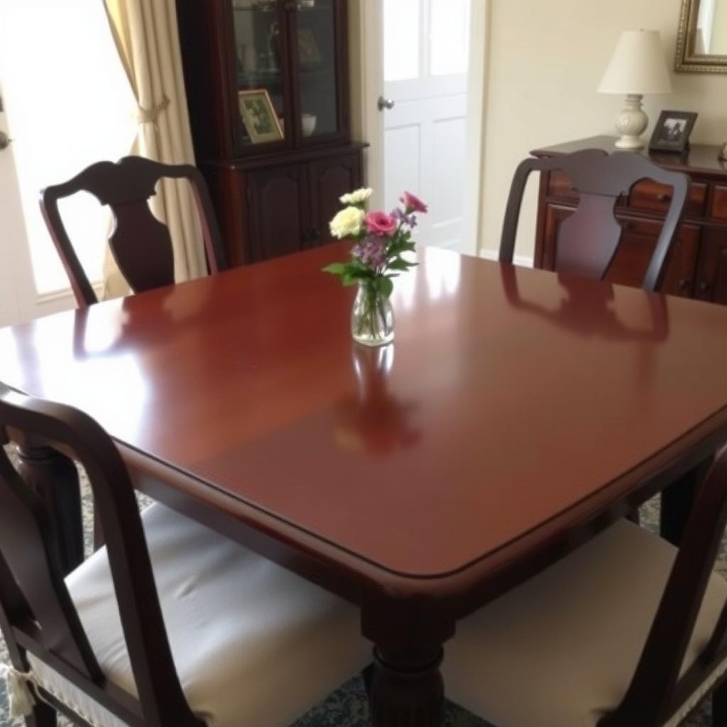Polished wooden dining table with cushioned chairs and a flower vase, highlighting well-maintained furniture.