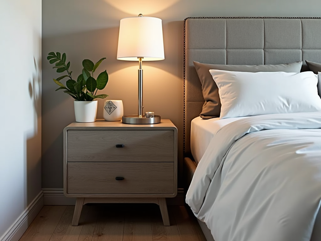 A modern nightstand with drawers next to a bed.