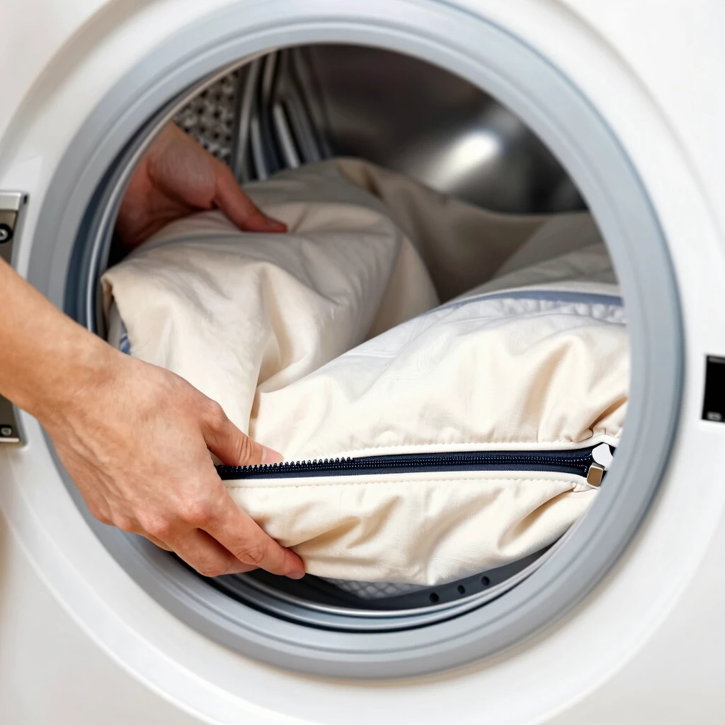 Person removing and washing a zip-off futon cover in a washing machine
