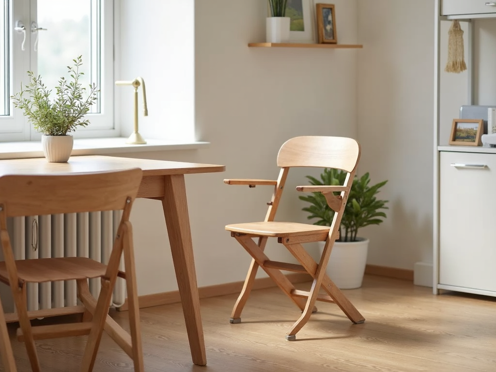 A foldable chair at a compact dining table
