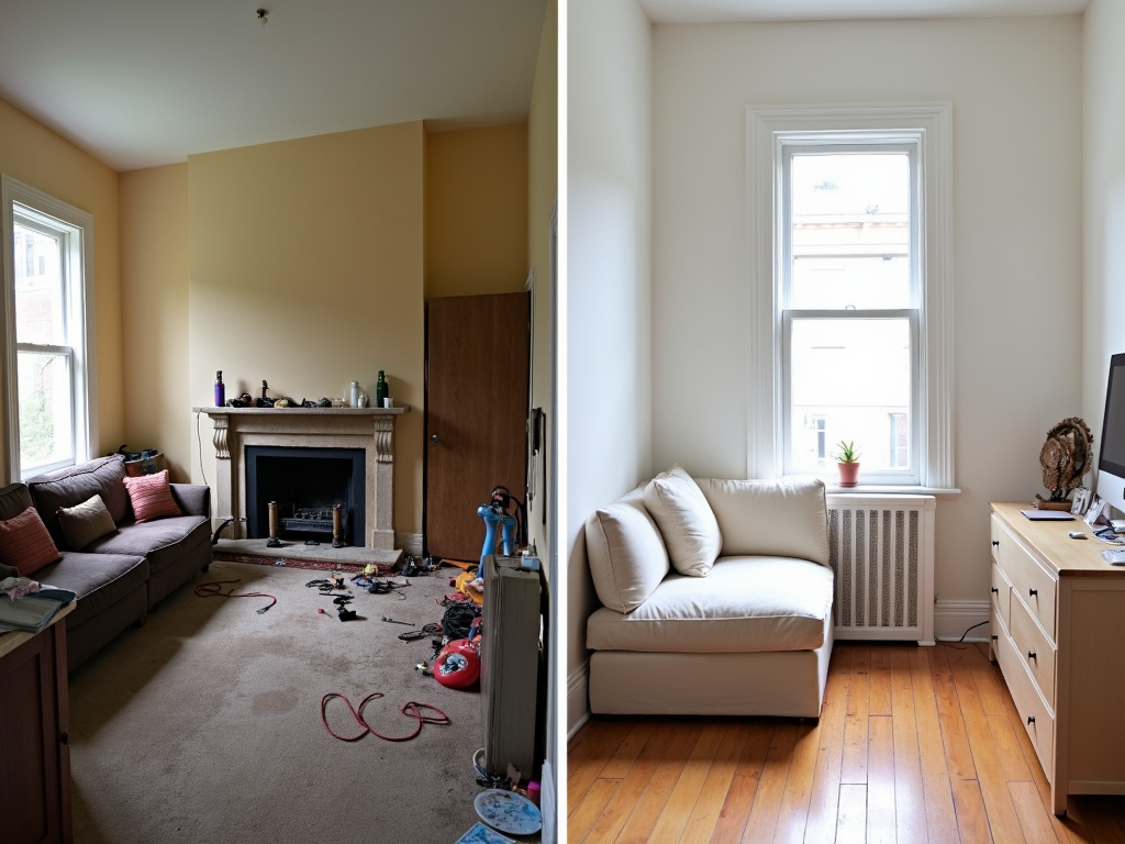 Before-and-after minimalist room transformation