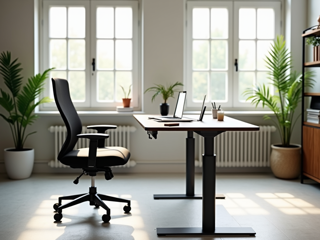 Modern office with adjustable desk and ergonomic chair