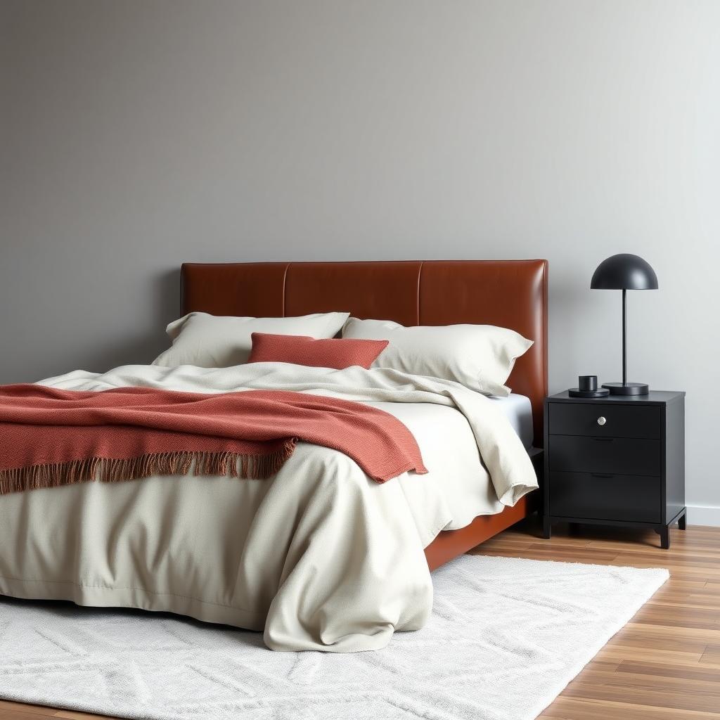 Modern bedroom with textured bedding, a leather headboard, and a sleek black nightstand.