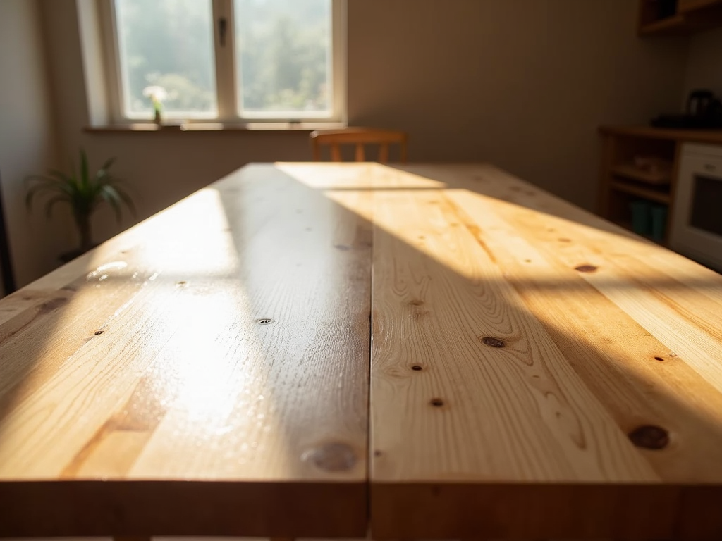 A wooden table showing the difference between unfinished and finished sections.