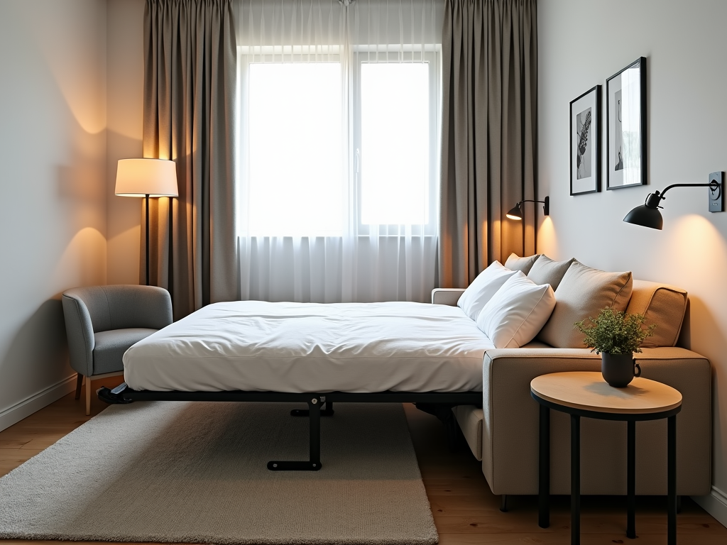 A compact living area with a sofa bed and adjustable coffee table.