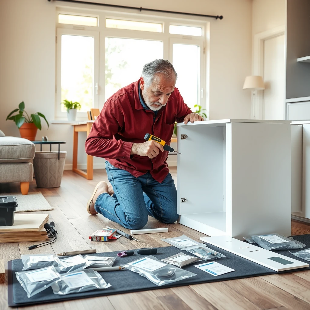 Person assembling a kitchen cabinet on the floor with organized parts