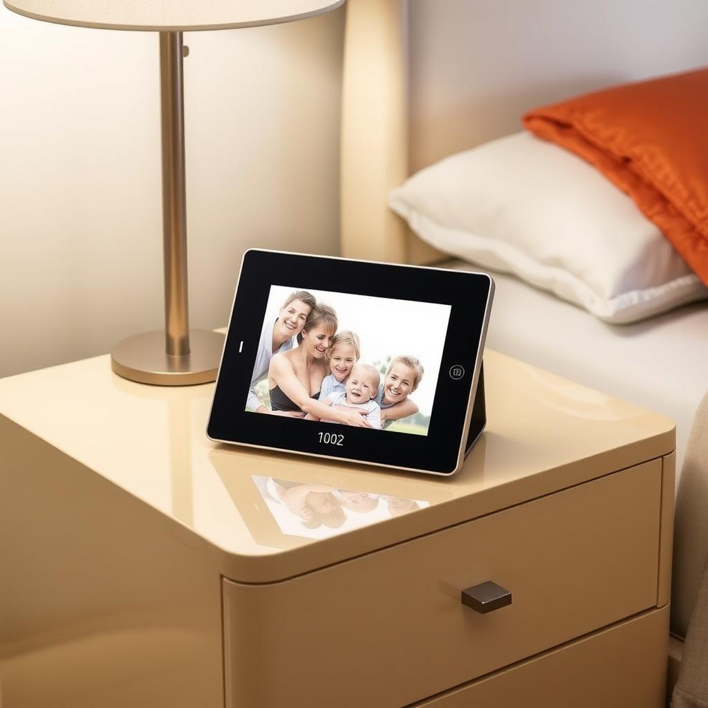 A contemporary nightstand with a digital photo frame.