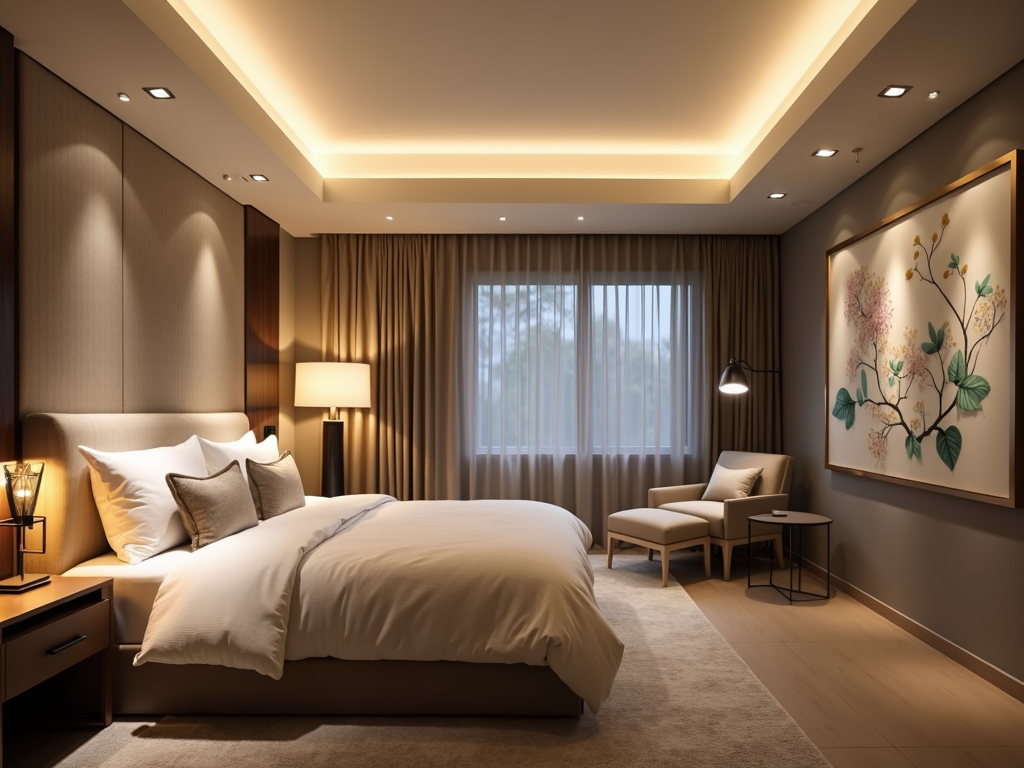 Bedroom with layered lighting