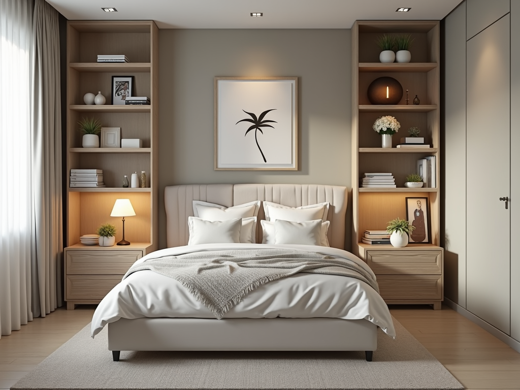 A serene and organized bedroom with a neatly made bed and stylish storage solutions.