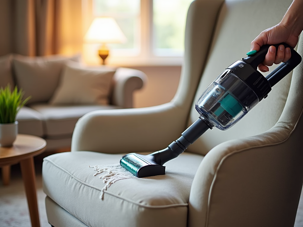 A person vacuuming a fabric-upholstered chair in a living room.
