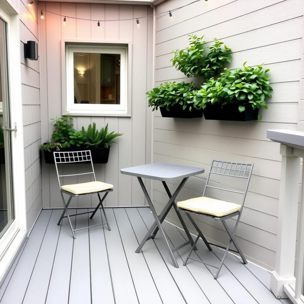 Cozy small balcony with foldable table, cream cushions, and string lights.