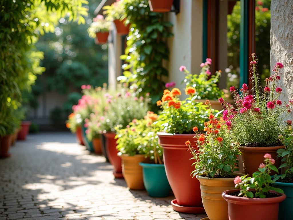 Colorful planters overflowing with plants on a decorated patio.