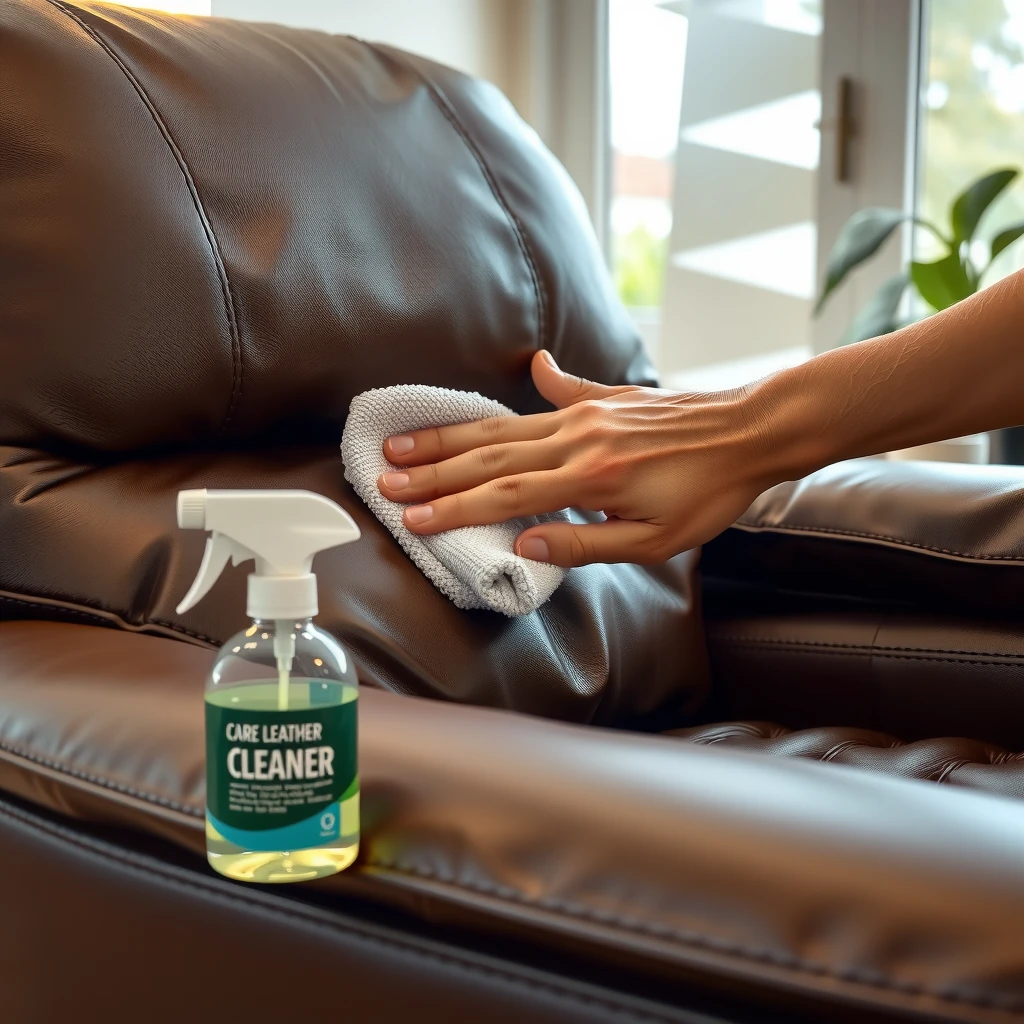 Hands cleaning brown leather recliner with cloth and cleaner