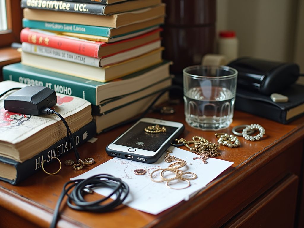 Cluttered nightstand with books, charger, and scattered items