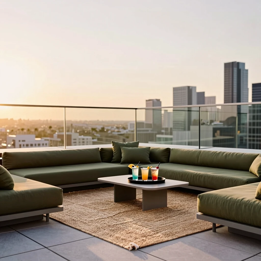 Elegant rooftop lounge with premium sustainable outdoor rug