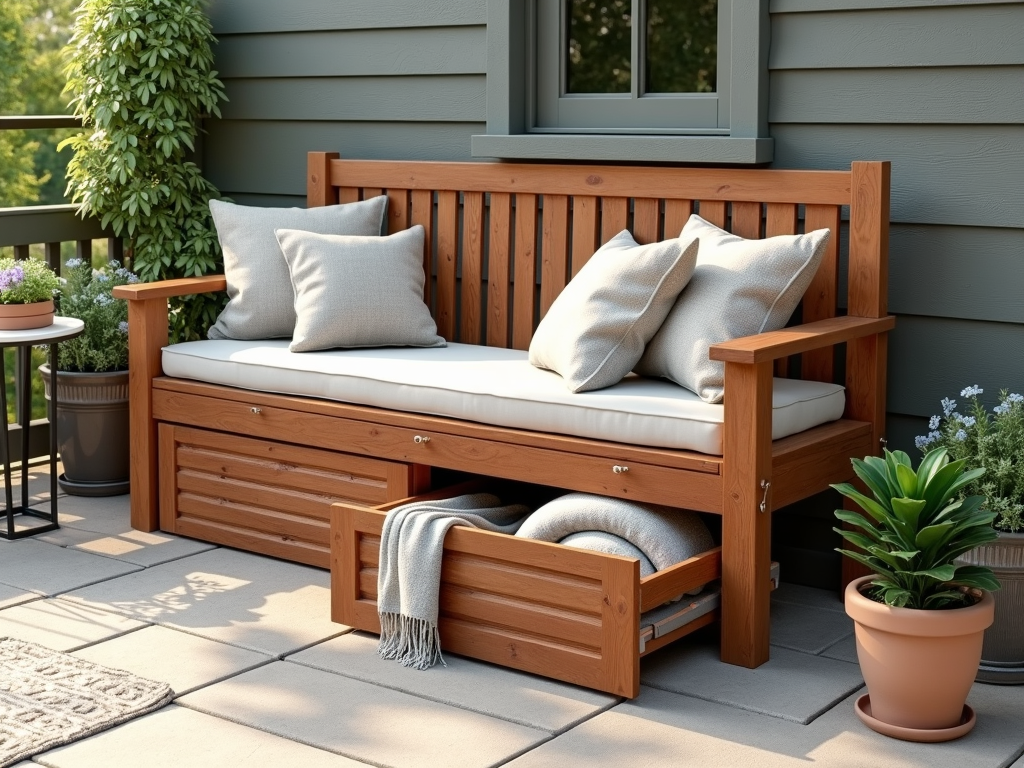 Wooden patio bench with storage compartment