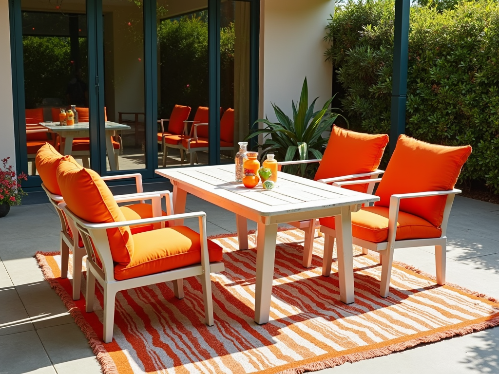 A vibrant patio with recycled plastic table and bright cushions
