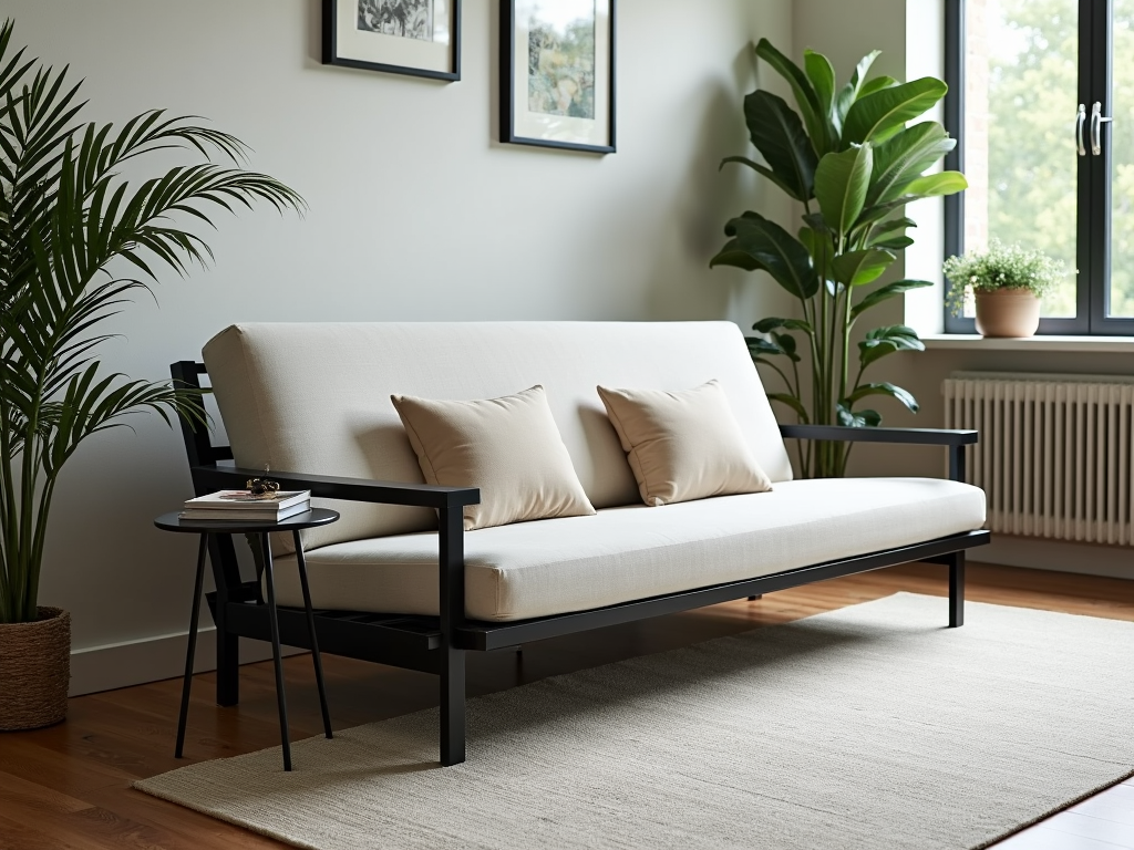 Modern living room with a black metal futon frame and minimalist decor