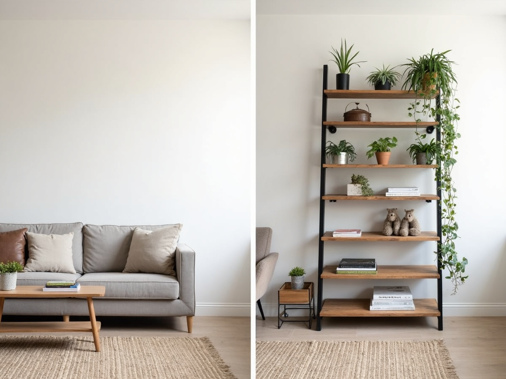 Living room transformation with modern bookshelf