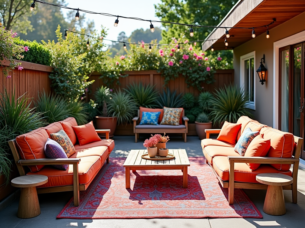 A patio adorned with colorful cushions, an outdoor rug, and twinkling string lights.