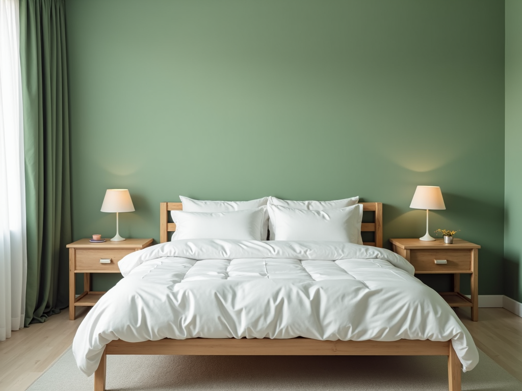 Peaceful bedroom with green walls and natural wood furniture.